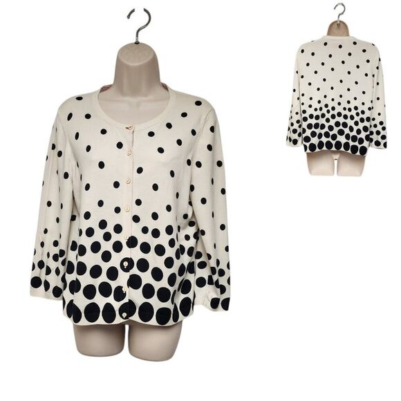 Talbots Oprah Magazine Collection Buttoned Cardigan Ivory Black Polka Dots Sz L - Picture 1 of 8